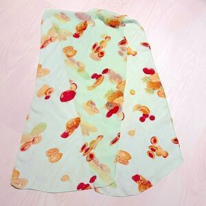 Vintage polyester aqua sheer chiffon fruit print scarf 15” x 64”